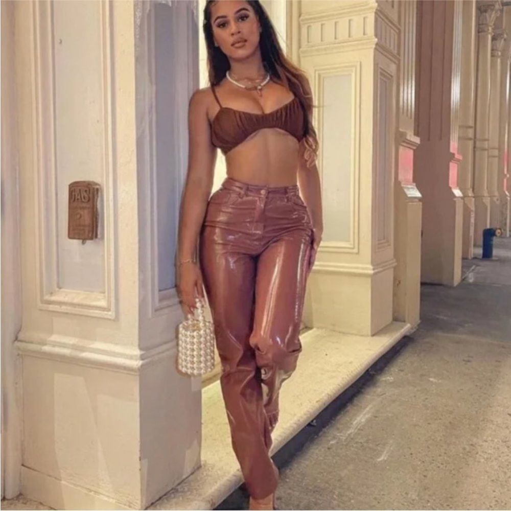 Meshki High-Shine Oakleigh Brown Dusty Rose Vegan Leather Straight Leg Pants